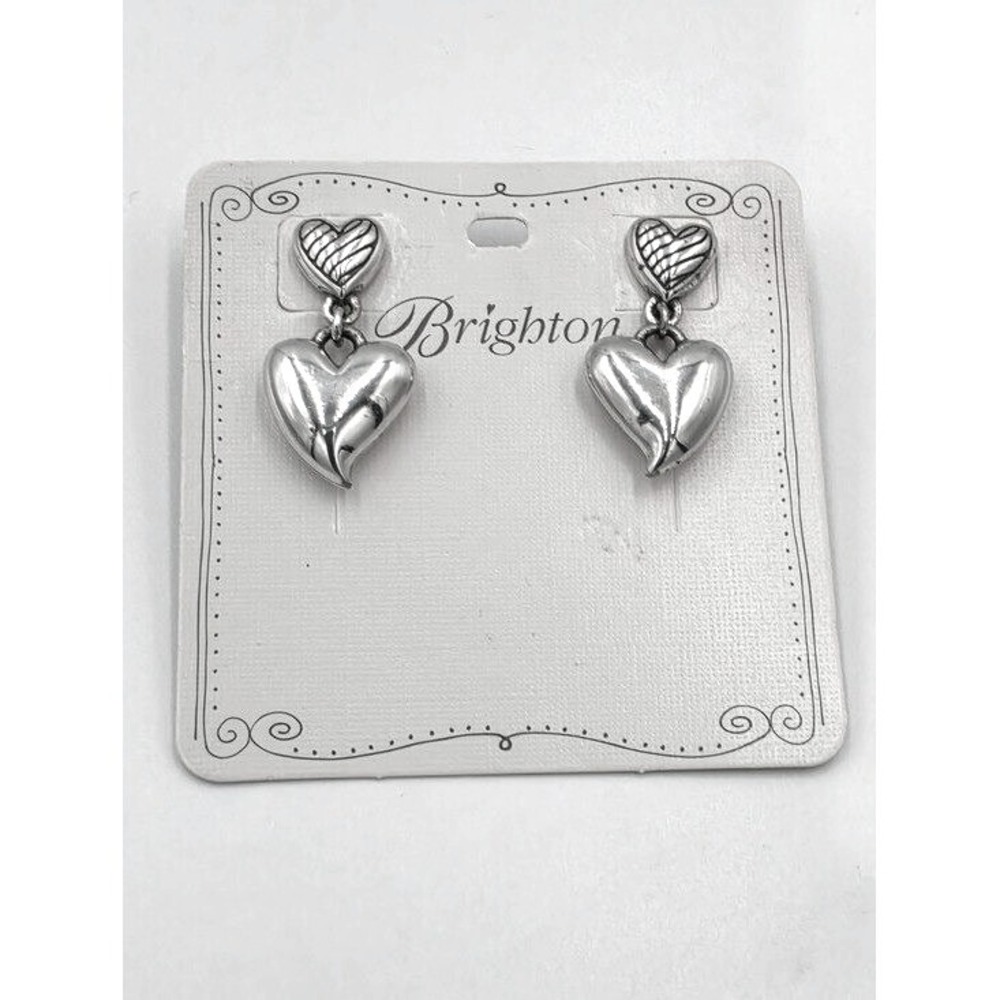 Brighton Silver Puffed Heart Drop Earrings Post Back Textured Romantic Classic